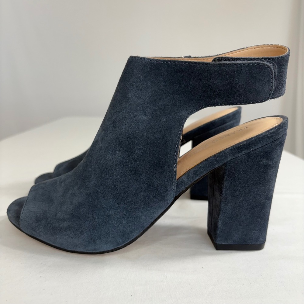 Franco Fortini Blue Suede Peep Toe Heeled‎ Booties Ankle Strap Block Heel 8 NWOT